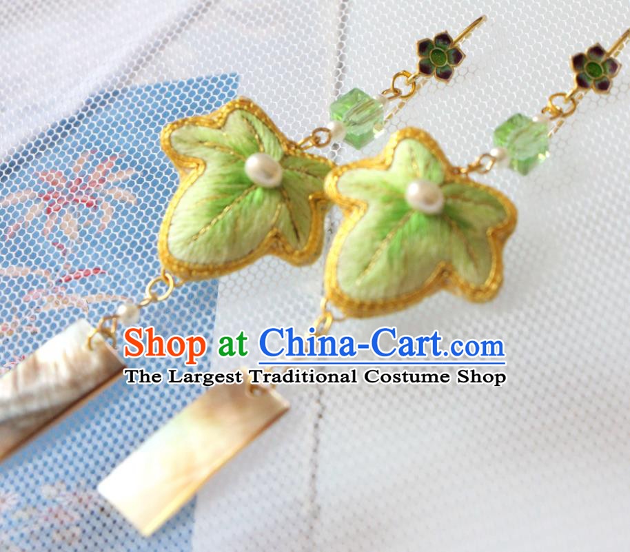 China National Woman Ear Jewelry Handmade Cheongsam Ear Accessories Suzhou Embroidered Green Maple Leaf Earrings