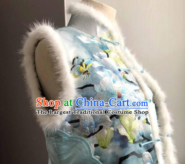 Chinese Traditional Tang Suit Upper Outer Garment National Woman Blue Silk Vest Suzhou Embroidered Mangnolia Waistcoat