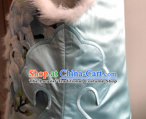 Chinese Traditional Tang Suit Upper Outer Garment National Woman Blue Silk Vest Suzhou Embroidered Mangnolia Waistcoat