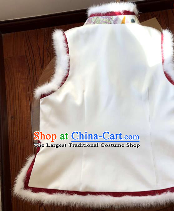 Chinese Suzhou Embroidered Peony Waistcoat Traditional Tang Suit Cotton Padded Garment National Woman White Silk Vest