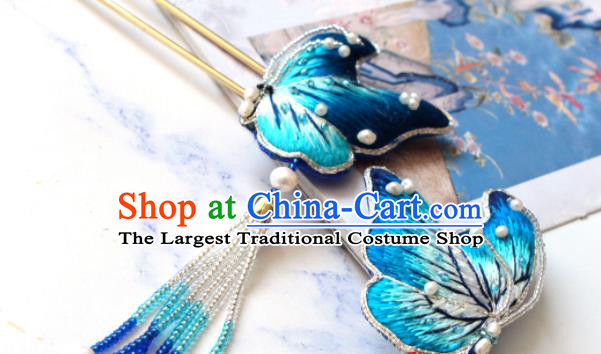 Handmade China Classical Hanfu Hair Accessories Suzhou Embroidered Blue Butterfly Hairpin