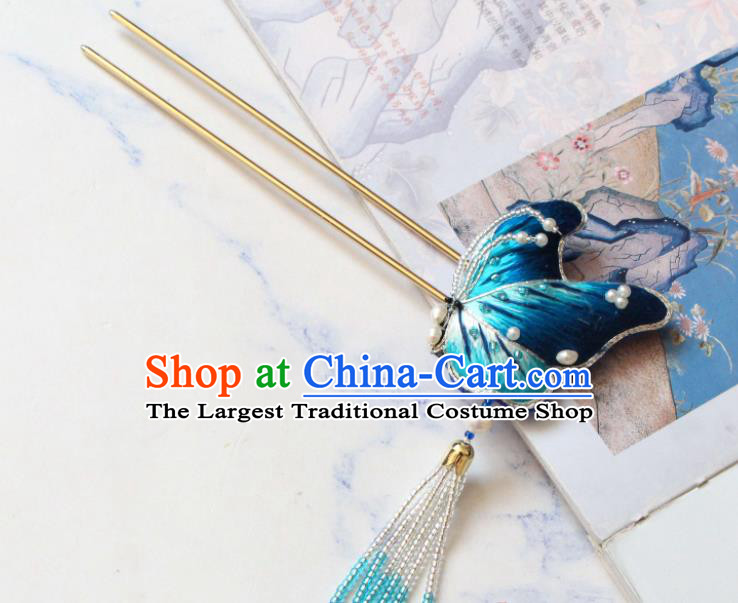 Handmade China Classical Hanfu Hair Accessories Suzhou Embroidered Blue Butterfly Hairpin