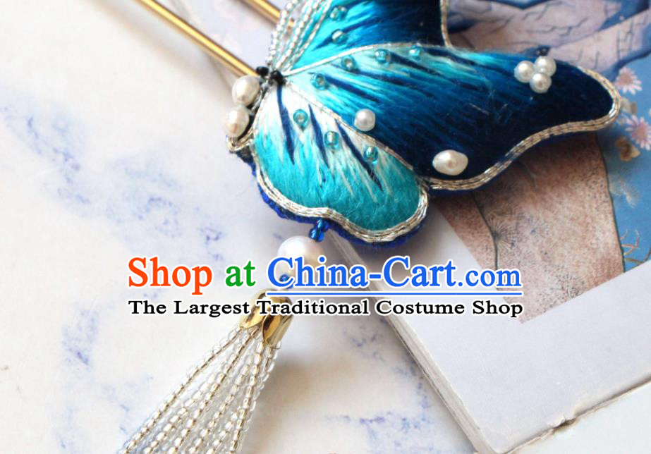 Handmade China Classical Hanfu Hair Accessories Suzhou Embroidered Blue Butterfly Hairpin