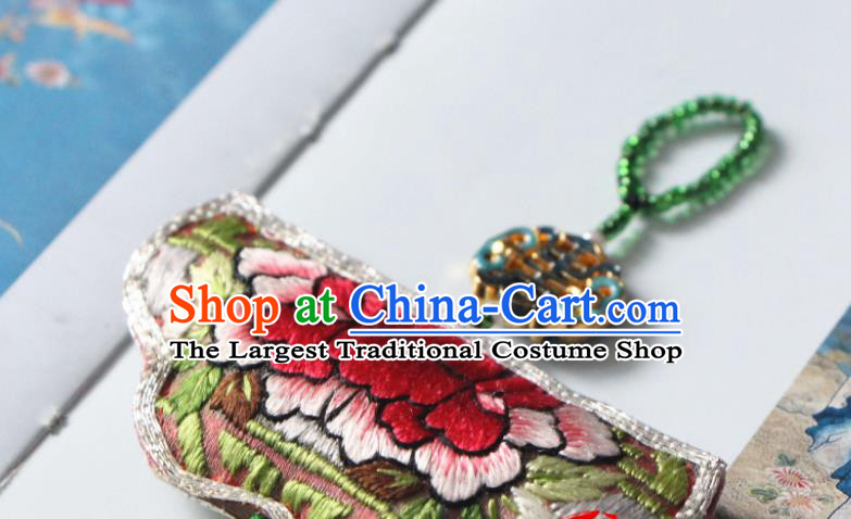 Handmade China Classical Hanfu Green Tassel Brooch Accessories Suzhou Embroidered Peony Belt Pendant