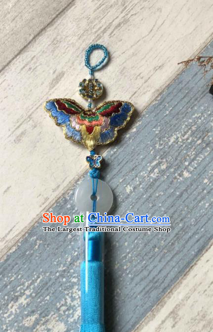 Handmade China Classical Hanfu Blue Tassel Waist Accessories Suzhou Embroidered Butterfly Belt Pendant