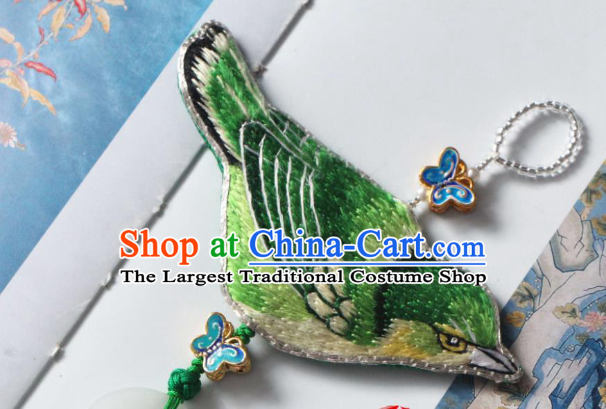 Handmade China Classical Hanfu Tassel Jade Waist Accessories Suzhou Embroidered Green Bird Belt Pendant
