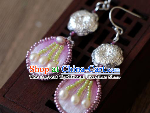 China Suzhou Embroidered Pink Earrings National Woman Silver Ear Jewelry Handmade Cheongsam Pearls Ear Accessories