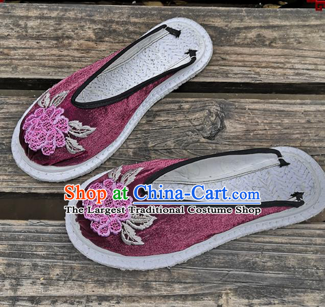 Chinese National Shoes Handmade Embroidery Purple Satin Shoes Woman Slippers