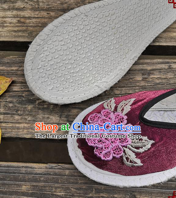 Chinese National Shoes Handmade Embroidery Purple Satin Shoes Woman Slippers