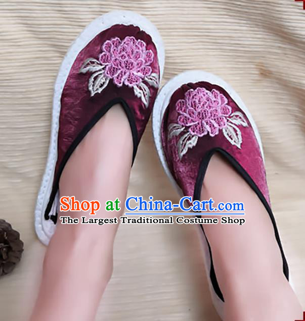 Chinese National Shoes Handmade Embroidery Purple Satin Shoes Woman Slippers