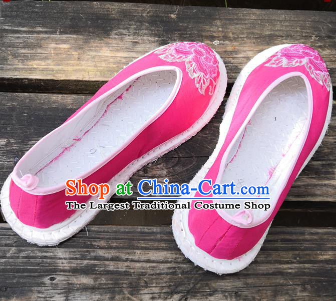 Handmade China Yunnan Ethnic Peach Pink Satin Shoes Wedding Bride Embroidered Shoes National Woman Strong Cloth Shoes