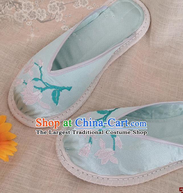 Chinese National Strong Cloth Shoes Handmade Embroidery Light Green Satin Shoes Woman Slippers