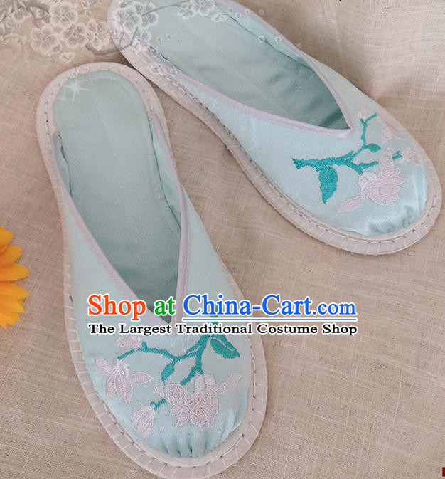 Chinese National Strong Cloth Shoes Handmade Embroidery Light Green Satin Shoes Woman Slippers