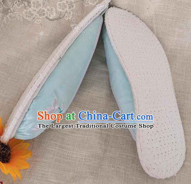 Chinese National Strong Cloth Shoes Handmade Embroidery Light Green Satin Shoes Woman Slippers