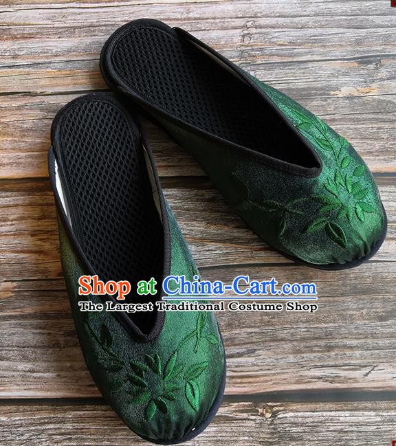 Chinese Woman Slippers National Female Shoes Handmade Embroidery Deep Green Satin Shoes