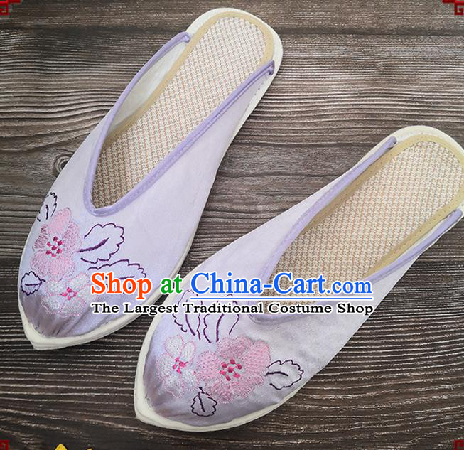 Chinese Handmade Embroidery Lilac Satin Shoes Woman Slippers National Strong Cloth Shoes