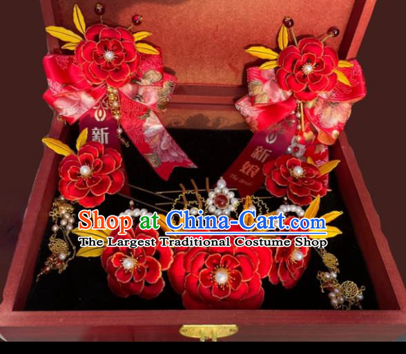 China Song Dynasty Wedding Red Peony Hair Crown Traditional Hanfu Headpiece Ancient Bride Tassel Hairpins Hair Accessories