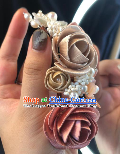 China Handmade Silk Rose Flowers Hairpin Traditional Hanfu Hair Accessories Ancient Princess Shell Hair Stick