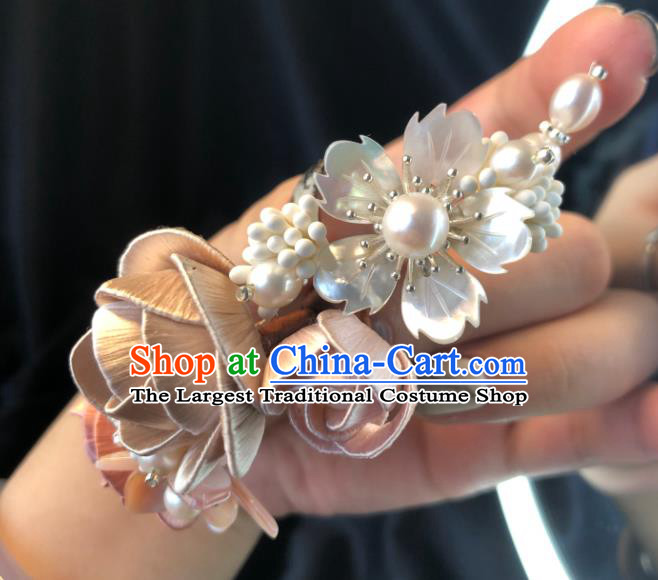 China Handmade Silk Rose Flowers Hairpin Traditional Hanfu Hair Accessories Ancient Princess Shell Hair Stick