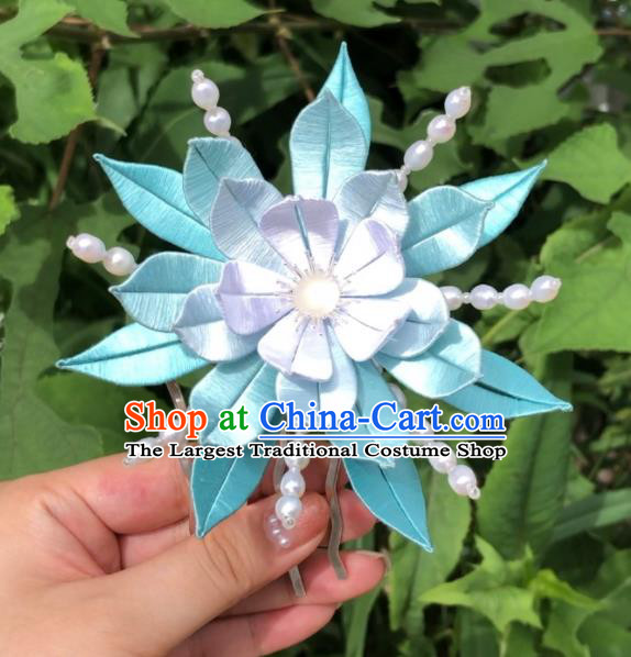 China Handmade Blue Silk Epiphyllum Hairpin Traditional Hanfu Headpieces Ancient Young Beauty Hair Comb