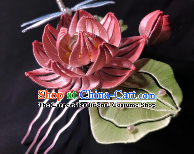 China Handmade Pink Silk Lotus Hairpin Traditional Hanfu Headpieces Ancient Song Dynasty Princess Hair Comb