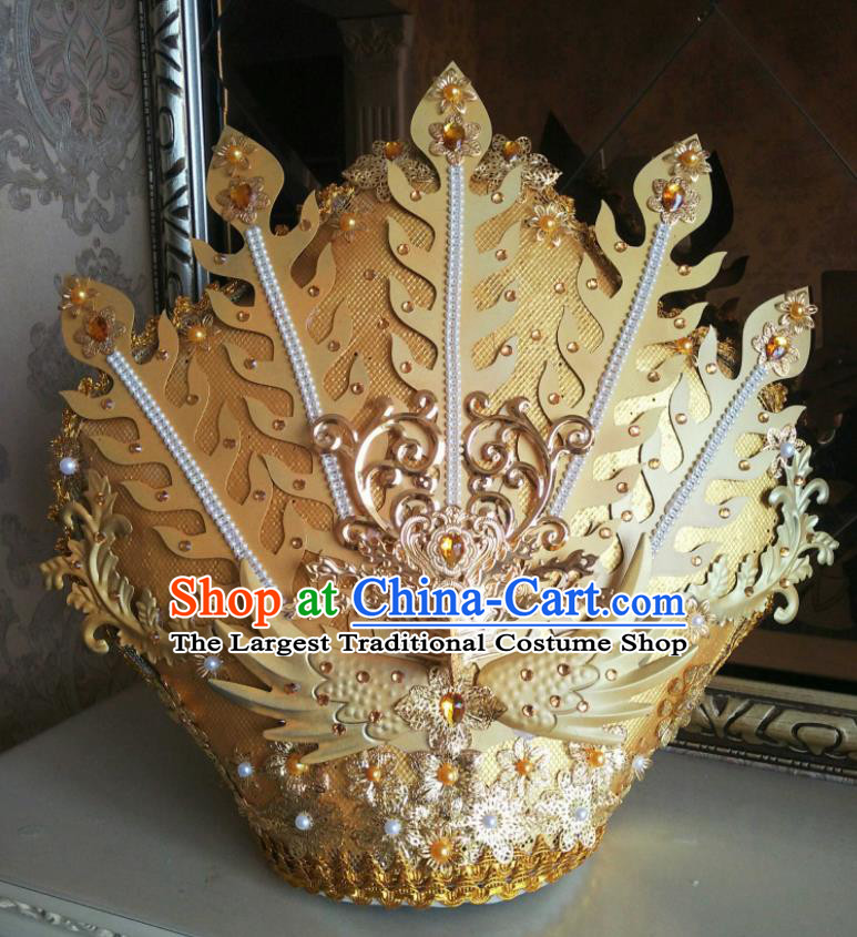 China Catwalks Performance Headwear Cosplay Queen Deluxe Golden Phoenix Hair Crown Cheongsam Show Hair Accessories