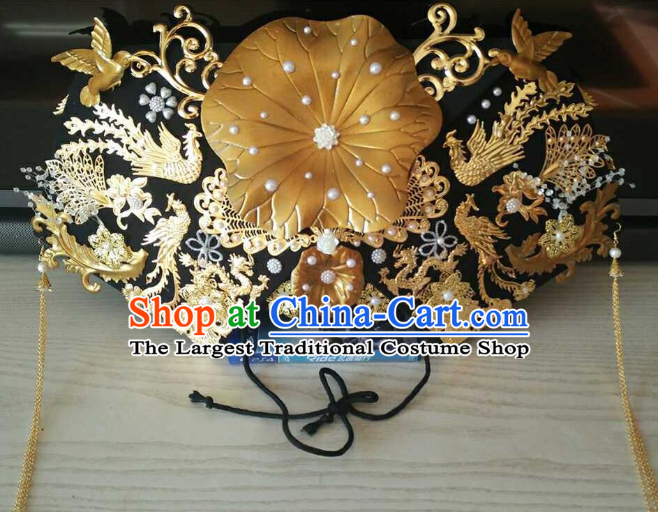 China Traditional Drama Palace Headdress Ancient Empress Great Wing Hat Handmade Qing Dynasty Imperial Consort Golden Lotus Leaf Hair Crown