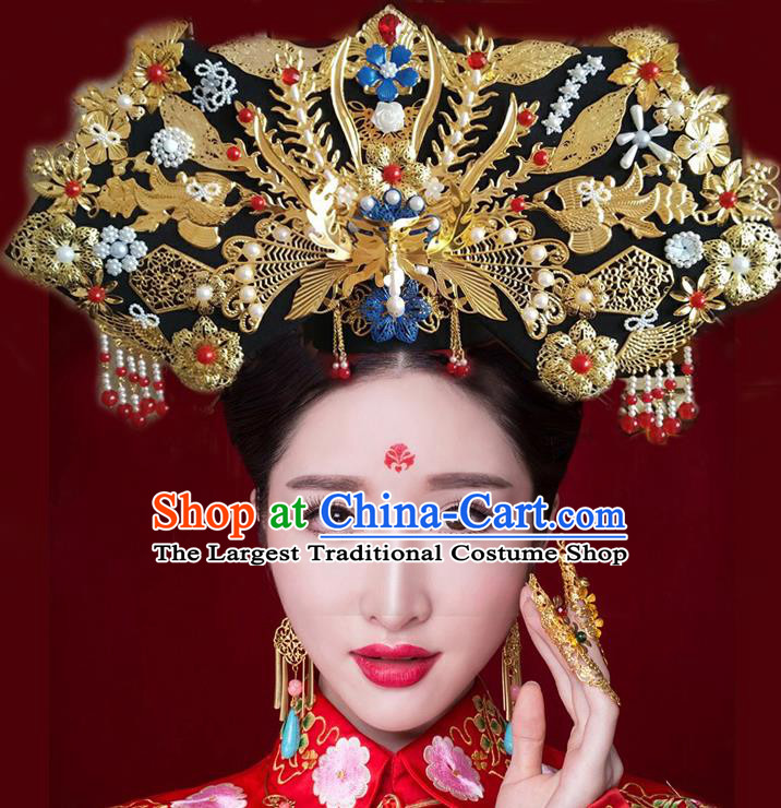 China Handmade Qing Dynasty Imperial Consort Golden Great Wing Hair Crown Traditional Drama Palace Headdress Ancient Empress Hat Headwear
