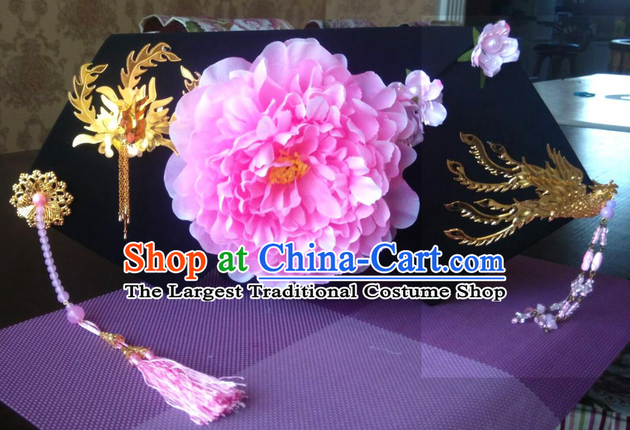 China Ancient Drama Empresses in the Palace Great Wing Hat Handmade Qing Dynasty Princess Pink Peony Hair Crown Traditional Court Headdress