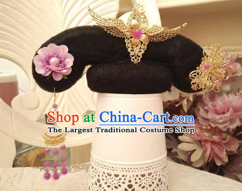 Chinese Traditional Qing Dynasty Court Woman Wigs Hairpieces and Hair Accessories Ancient Palace Princess Headdress