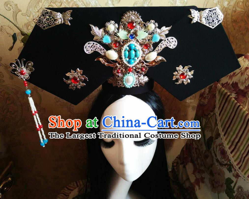 China Ancient Imperial Consort Zhen Huan Great Wing Hat Handmade Qing Dynasty Court Woman Hair Crown Traditional Empresses in the Palace Headwear