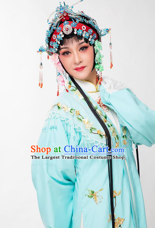 Chinese Beijing Opera Hua Tan Garment Costumes Huangmei Opera Diva Clothing Ancient Young Lady Blue Cape Dress