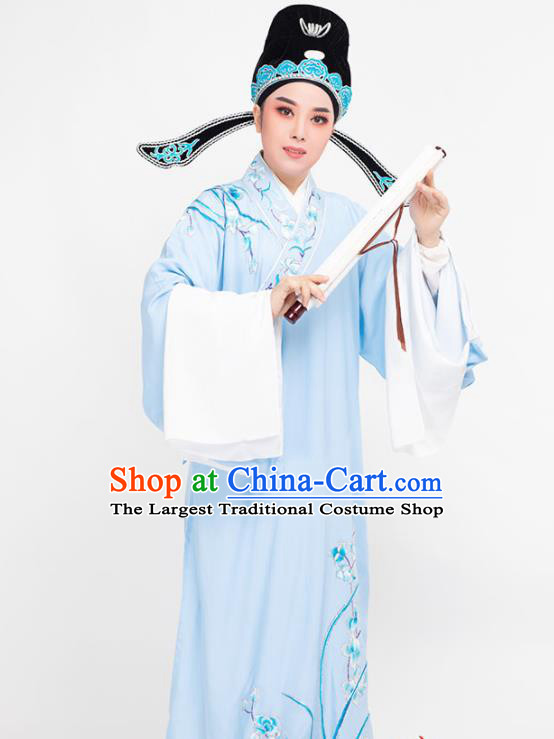 China Peking Opera Xiaosheng Embroidered Orchids Blue Robe Costume Beijing Opera Niche Clothing Traditional Yue Opera Scholar Garment