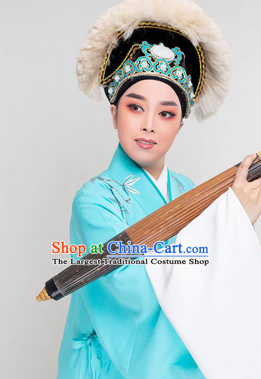 China Peking Opera Xiaosheng Embroidered Blue Robe Costume Beijing Opera Scholar Xu Xian Clothing Traditional Yue Opera Young Childe Garment