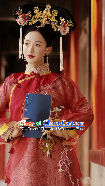 Traditional China Qing Dynasty Imperial Consort Historical Clothing Ancient Manchu Concubine Red Dress Garments and Headwear