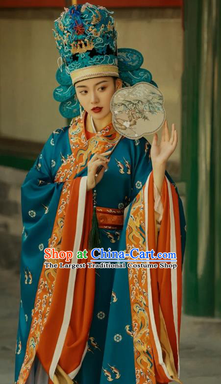 China Traditional Ming Dynasty Empress Historical Clothing Ancient Noble Woman Embroidered Blue Hanfu Dress Garments Complete Set
