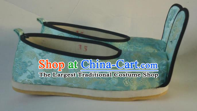 China Opera Actress Blue Satin Shoes Traditional Peking Opera Hua Tan Shoes Peking Opera Diva Embroidered Shoes