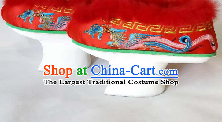 China Qing Dynasty Imperial Consort Shoes Traditional Peking Opera Diva Red Satin Shoes Beijing Opera Hua Tan Embroidered Shoes