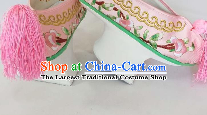 China Traditional Peking Opera Actress Shoes Beijing Opera Hua Tan Pink Embroidered Shoes Qing Dynasty Princess Satin Shoes