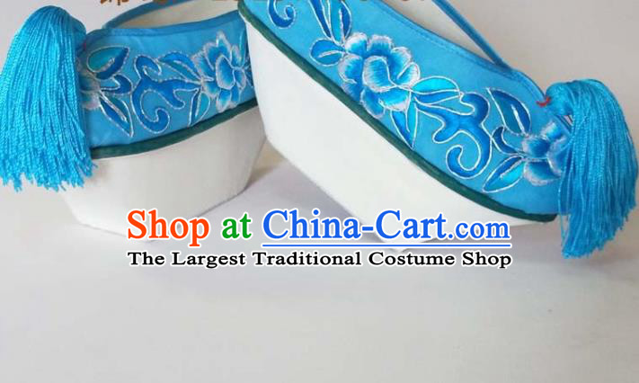 China Beijing Opera Hua Tan Embroidered Shoes Qing Dynasty Princess Blue Satin Shoes Traditional Peking Opera Actress Shoes