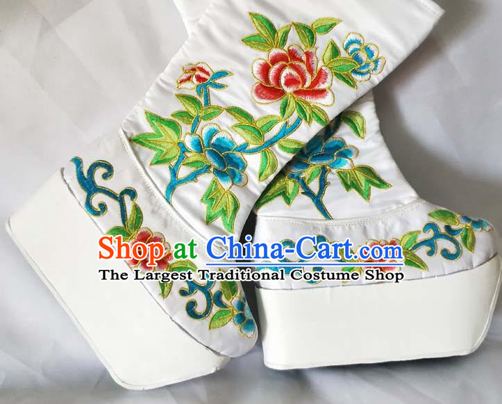 China Beijing Opera Embroidered Peony Shoes Sichuan Opera Female General White Satin Boots Traditional Peking Opera Shoes