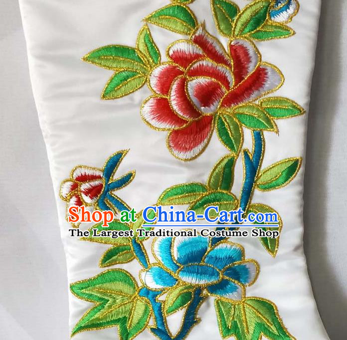 China Beijing Opera Embroidered Peony Shoes Sichuan Opera Female General White Satin Boots Traditional Peking Opera Shoes