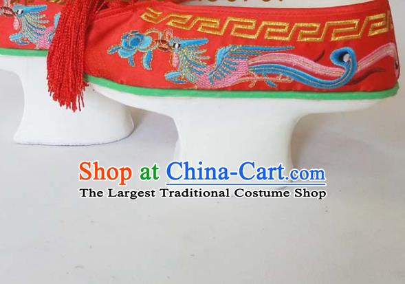 China Qing Dynasty Empress Red Satin Shoes Traditional Peking Opera Diva Shoes Beijing Opera Hua Tan Embroidered Phoenix Shoes