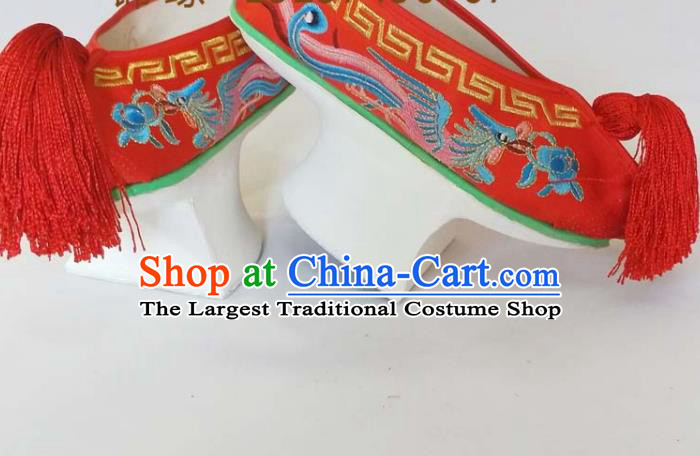 China Qing Dynasty Empress Red Satin Shoes Traditional Peking Opera Diva Shoes Beijing Opera Hua Tan Embroidered Phoenix Shoes