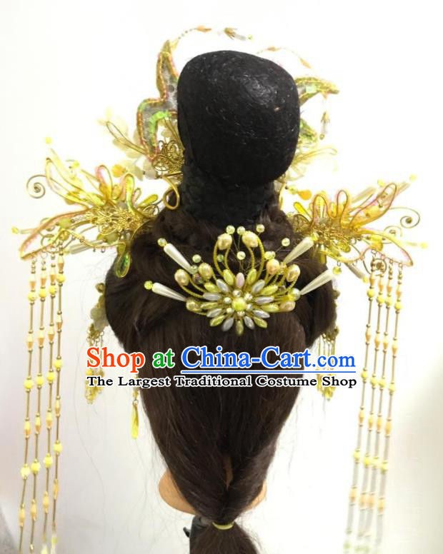 Chinese Traditional Beijing Opera Actress Headdress Gezi Opera Fairy Hair Accessories Peking Opera Hua Tan Golden Tassel Hair Crown