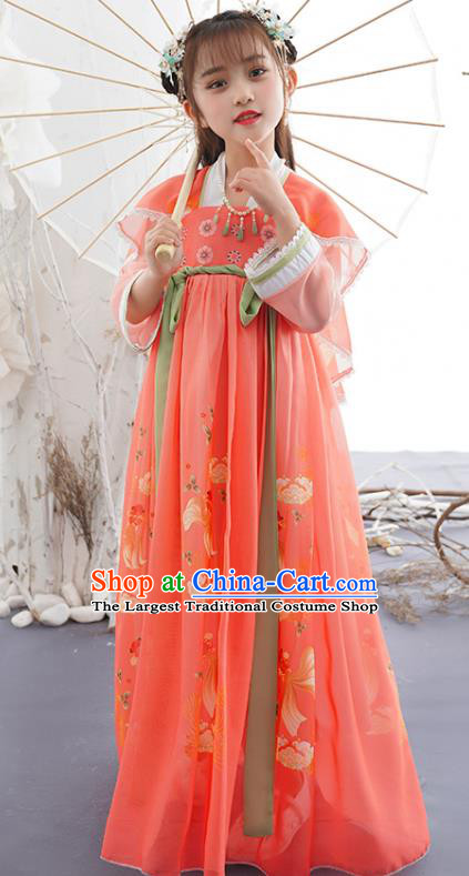 China Traditional Tang Dynasty Girls Clothing Children Dance Printing Fish Pink Hanfu Dress Ancient Princess Fashion Costumes