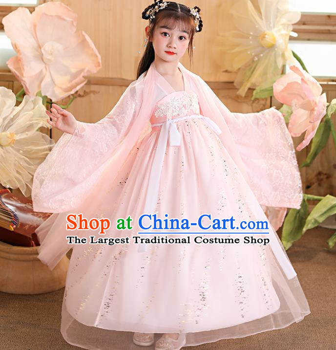 China Traditional Pink Hanfu Dress Tang Dynasty Girl Princess Clothing Children Stage Show Garment Costumes