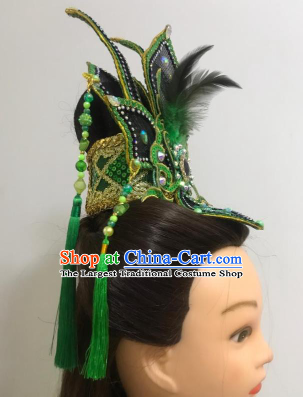 China Traditional Peking Opera Niche Headpiece Beijing Opera Xiaosheng Green Feather Hair Crown Fujian Gezi Opera Prince Headwear