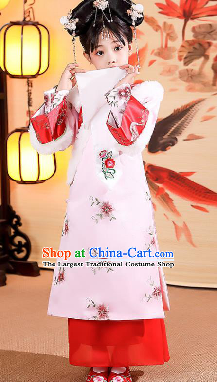China Traditional Court Kid Pink Qipao Dress Qing Dynasty Girl Princess Clothing Children Stage Show Winter Costumes