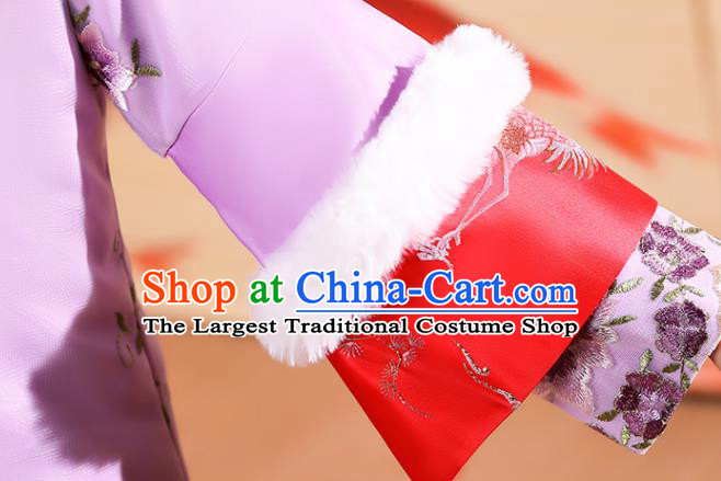 China Children Stage Show Winter Costumes Traditional Court Kid Violet Qipao Dress Qing Dynasty Girl Princess Clothing